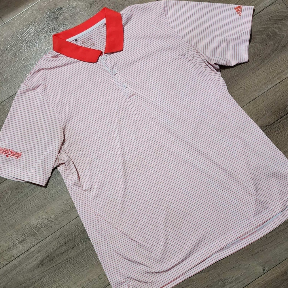 Adidas Golf Mens XL Polo Shirt Orange White Striped Mansfield National Golf Club
